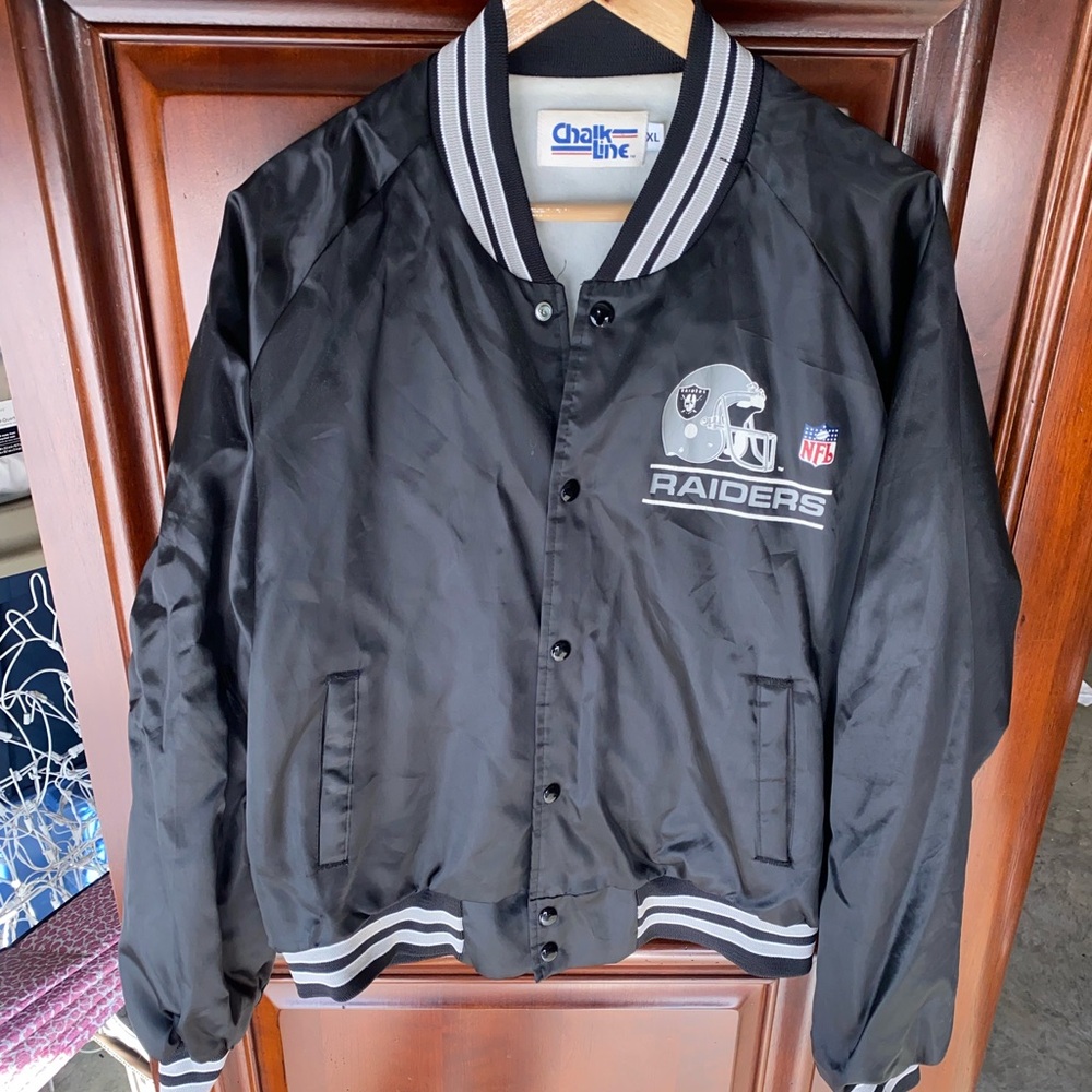 Vintage 80’s 90 Chalk Line NFL Los Angeles Raiders Football Satin Bomber Jacket